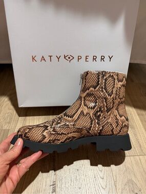 Katy Perry Collections Tan and Black Snake-Print Lug Sole Ankle Boot